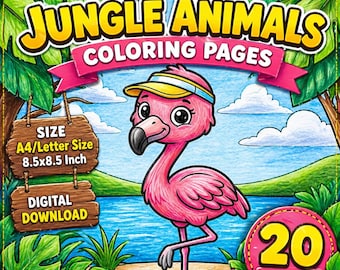 Cute Jungle Animals Coloring Pages for Kids, Safari Animal Coloring Book Printable, Toddler Coloring Sheets, Preschool Activity,20 Pages PDF