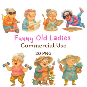 Watercolor Funny Grandma Clipart Bundle: Humorous Elderly Women (PDF Download)