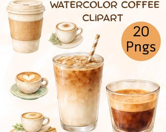 Watercolor Coffee Clipart, Cafe Latte PNG Bundle, Neutral Beige Kitchen Decor (20 Pngs)
