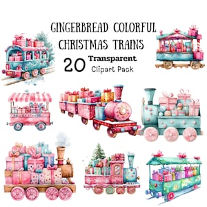 Imágenes prediseñadas de trenes de jengibre de acuarela, imágenes prediseñadas coloridas de Navidad, imágenes prediseñadas de ilustración, imágenes prediseñadas PNG de galletas de jengibre, uso comercial