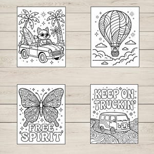 May include: Four black and white illustrations on a wooden surface. The images include a fox driving a convertible, a hot air balloon, a butterfly with the words "FREE SPIRIT", and a van with the words "KEEP ON TRUCKIN'", all in a coloring book style.