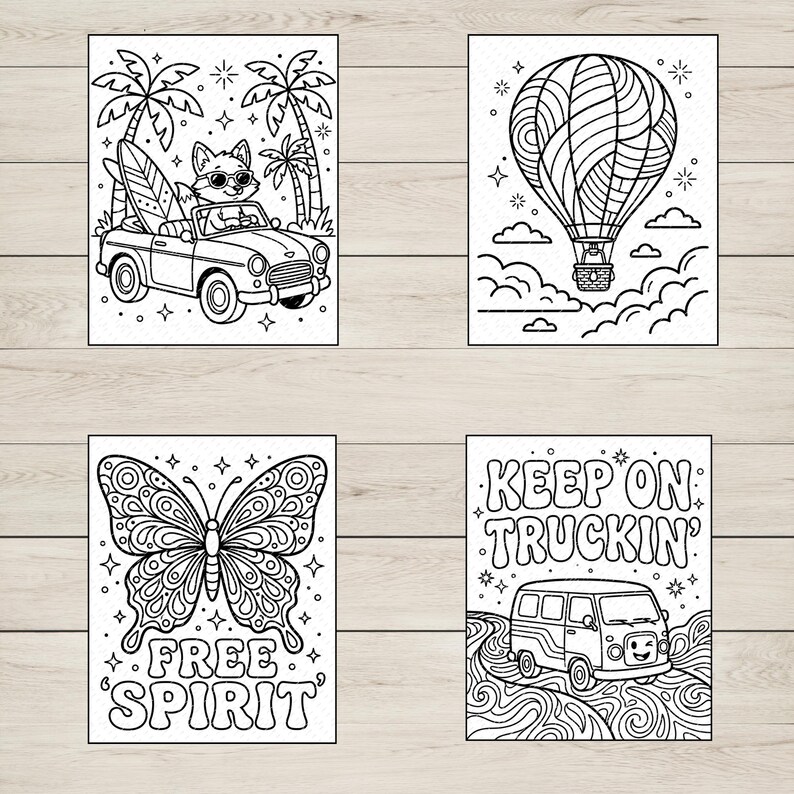 May include: Four black and white illustrations on a wooden surface. The images include a fox driving a convertible, a hot air balloon, a butterfly with the words "FREE SPIRIT", and a van with the words "KEEP ON TRUCKIN'", all in a coloring book style.