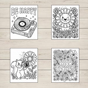 May include: Four black and white illustrations. One shows a record player with a heart-shaped record and the words "BE HAPPY". Another depicts a lion in a flower. A squirrel takes a photo of a flower. The last one says "WILD FLOWER".