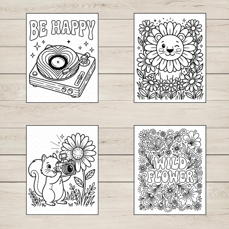 May include: Four black and white illustrations. One shows a record player with a heart-shaped record and the words "BE HAPPY". Another depicts a lion in a flower. A squirrel takes a photo of a flower. The last one says "WILD FLOWER".