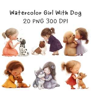 Watercolor Girl With Dog Clipart,Best Friends Girl With Dog,Dog Lover,Cute Baby girl,Watercolor Girl with Puppy Clipart, Dog Lover Pet