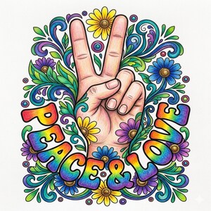May include: A colorful illustration featuring a hand making the peace sign, surrounded by flowers and swirling leaves. The words "PEACE & LOVE" are written in rainbow colors. The artwork has a retro, psychedelic vibe.