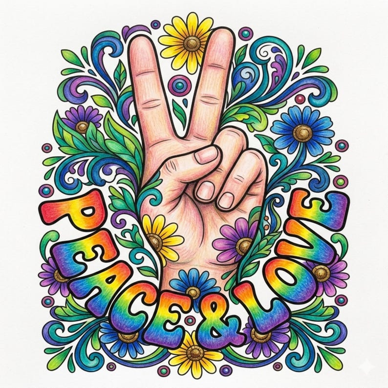 May include: A colorful illustration featuring a hand making the peace sign, surrounded by flowers and swirling leaves. The words "PEACE & LOVE" are written in rainbow colors. The artwork has a retro, psychedelic vibe.