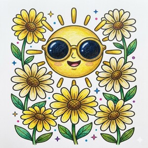 May include: A cheerful illustration of a smiling sun wearing sunglasses, surrounded by yellow daisies with green leaves. The artwork features a colorful, hand-drawn style with a whimsical and summery theme.