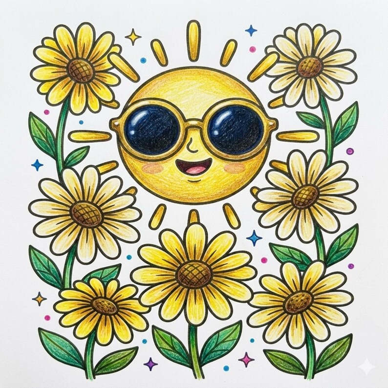 May include: A cheerful illustration of a smiling sun wearing sunglasses, surrounded by yellow daisies with green leaves. The artwork features a colorful, hand-drawn style with a whimsical and summery theme.