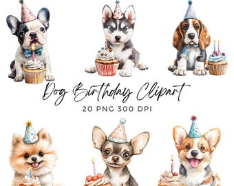 May include: A set of 20 digital illustrations of dogs wearing party hats and holding birthday cupcakes. The dogs are various breeds, including a French bulldog, a husky, a chihuahua, a corgi, and a beagle. The cupcakes are decorated with colorful sprinkles and candles. The illustrations are perfect for creating birthday cards, invitations, or party decorations.