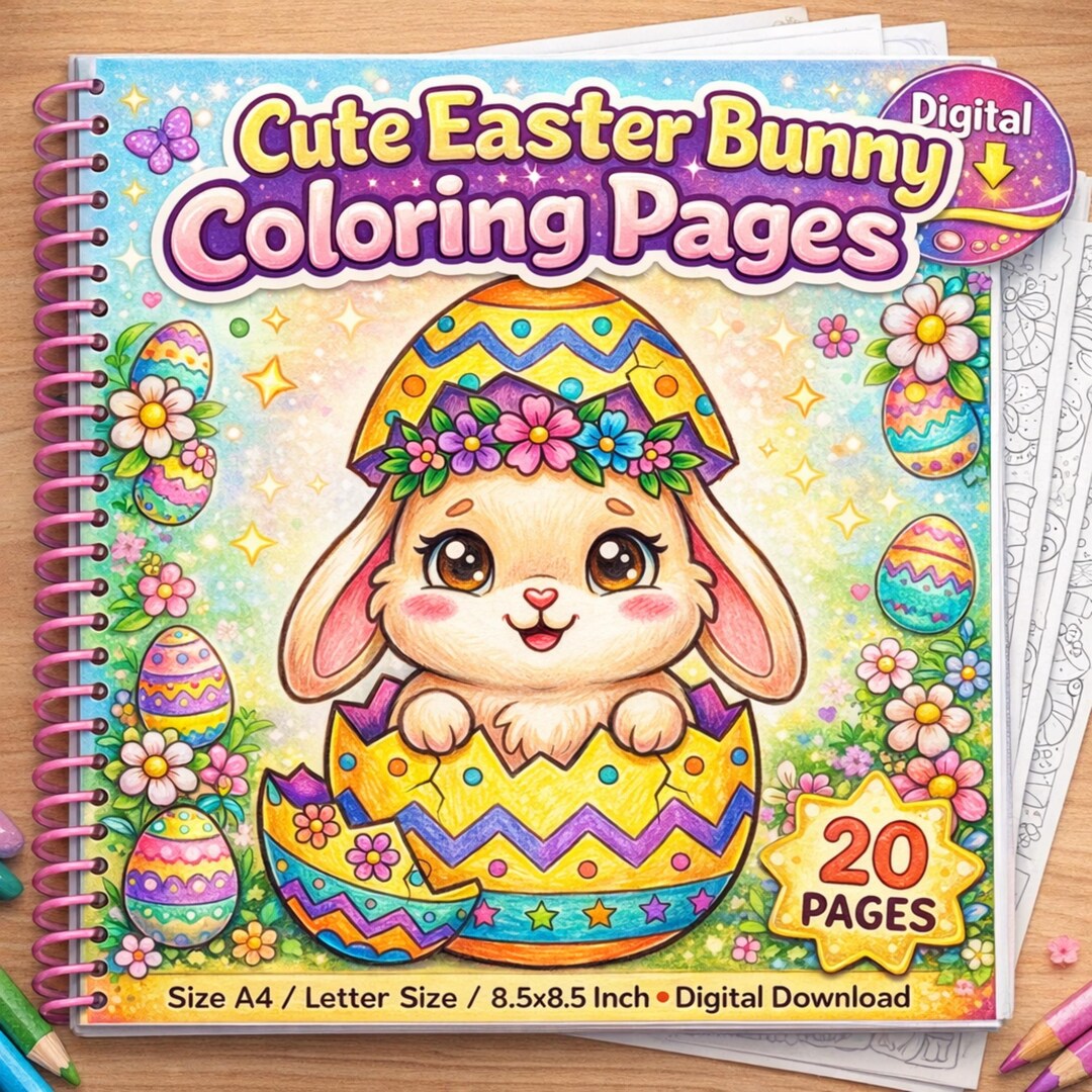 Easter Bunny Coloring Pages, Kawaii Rabbit Egg Hunt Activity (digital ...