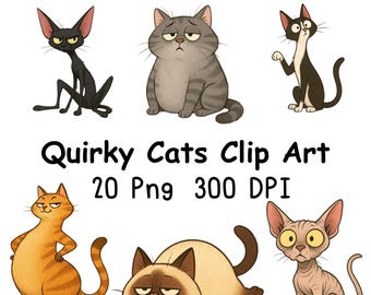 Quirky Cartoon Cats Clipart: Funny PNG Illustrations for Crafts