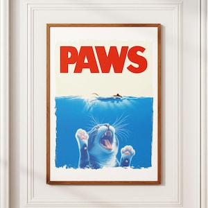 May include: A parody movie poster with the title "PAWS" in red letters. A white cat with blue eyes is submerged in blue water with its paws raised in the air. A small brown mouse is swimming above the cat.