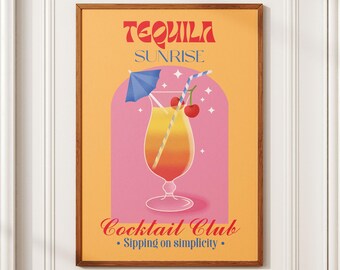 Tequila Sunrise Cocktail Art - Vibrant Drink Illustration, Digital Wall Art, Print Home Bar Decor, Vintage Inspired Artwork
