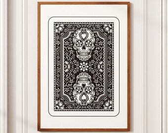 Sugar Skull Playing Card Art - Vintage Mexican Folk Art Print, Day of the Dead Wall Decor, Digital Download