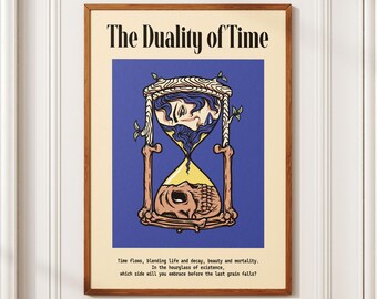 Duality of Time - Hourglass Art Print, Life and Mortality Poster, Blue and Beige Wall Art