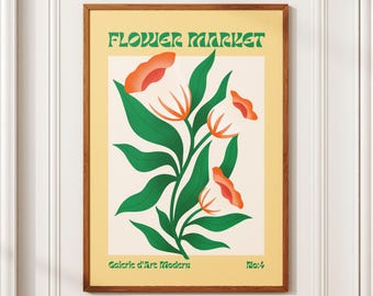 Flower Market - Modern Botanical Art Print, Orange and Green Floral Wall Decor, Digital Download, Home Decor, Nature Inspired Art