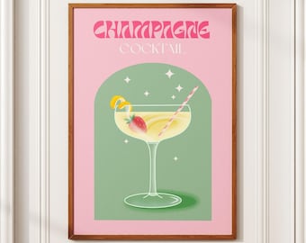 Champagne Cocktail - Elegant Vintage Drink Illustration, Digital Art Print, Home Bar Decor, Art Deco Wall Art, Gift for Cocktail Lovers