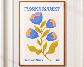 Flower Market - Blue Botanical Art, Digital, Modern Decorative Wall Art, Botanical Garden Decor, Digital Download, Home Office Decor