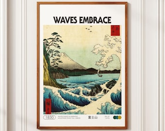 Waves Embrace - Japanese Art Print of Ocean Waves, Coastal Wall Art Decor, Digital Download for Home Office, Seascape Art Lovers Gift