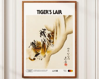 伝統的な虎と牡丹のデジタルアートプリント - 日本のタトゥースタイル