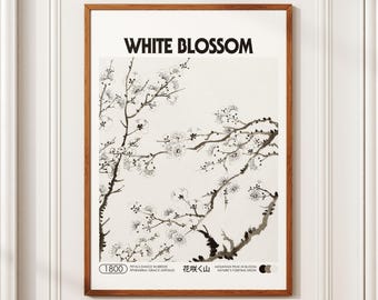 White Blossom - Elegant Cherry Blossom Art Print, Monochrome Floral Wall Decor, Nature-Inspired Botanical Art, Home Decor Gift