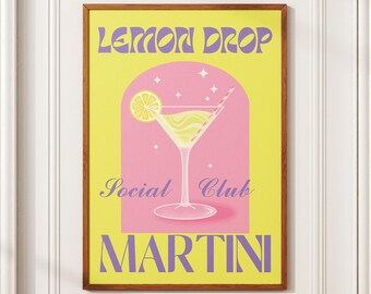 Lemon Drop Social Club - Martini Cocktail Art Print, Retro Vintage Wall Decor, Digital Download