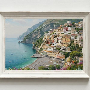 Amalfi Coast Painting | Mediterranean Seaside Print | Colorful Italian Landscape Digital Download