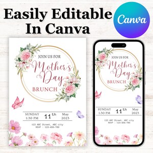 Floral Mother&#39;s Day Brunch Invitation: Editable Canva Template (Digital Download)