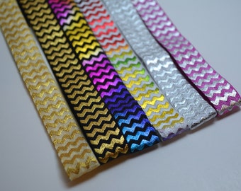 Metallic Chevron Print Fold Over Elastic Headband - 6 Color Choices