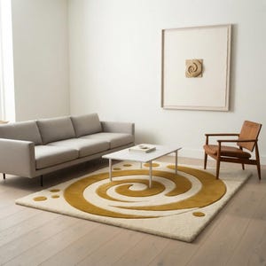 Handmade Hand-Tufted Wool Rug 5x7 Gold Cream Abstract Spiral Modern Area Rug, High Low Pile Tufted Accent Rug for Living Room, Entryway