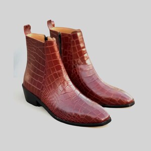 Pure Handmade leather ankle boots Italian Croco Leather Boots ( Tan ) - Square To men leather shoes great quality leather shoes