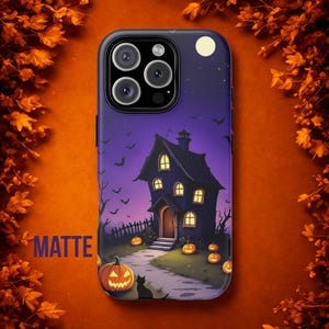 Halloween Haunted House Spooky Purple Sky Phone Case, Bat Pumpkin iPhone Samsung Google Pixel Cover, Fall Season Gift Idea Gift for Holidays