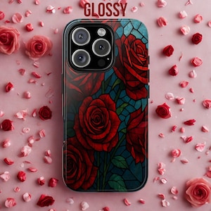 Stained Glass Red Roses Phone Case: Gothic Floral Art, Romantic Gift