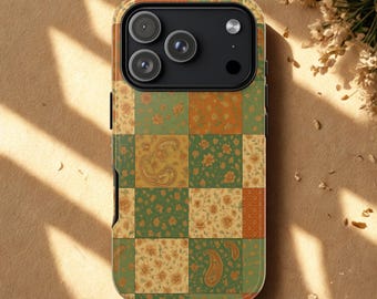 Funda para teléfono con diseño floral de patchwork vintage: diseño de colcha bohemia en tonos tierra rústicos