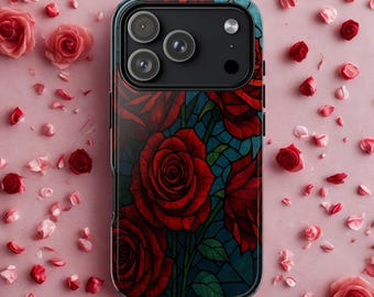 Custodia per telefono con rose rosse in vetro colorato: arte floreale gotica, regalo romantico