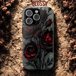 Gothic Black & Red Roses Phone Case: Dark Floral Art Tough Phone Cover