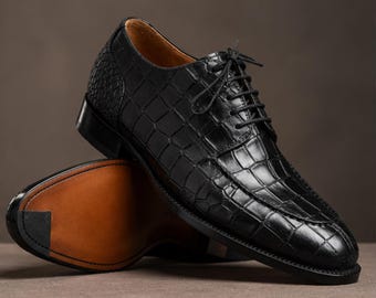 Men’s Handmade Black Alligator Embossed Oxford Shoes, Wholecut Leather Dress Shoes, Luxury Formal Wedding Shoes, Gift for Him
