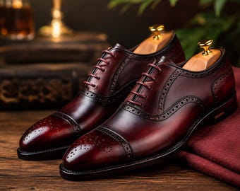 Men’s Oxblood Leather Oxford Shoes | Handmade Cap Toe Dress Shoes | Burgundy Leather Oxfords | Wedding Shoes | Formal Shoes