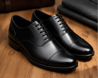 Handmade Black Leather Oxford Shoes for Men | Luxury Formal Dress Shoes | Cap Toe Business Wedding Shoes | Custom Size Footwear