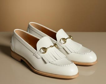 Men’s White Leather Horsebit Tassel Loafers | Slip On Dress Shoes | Formal Wedding Shoes | Luxury Business Loafers for Men
