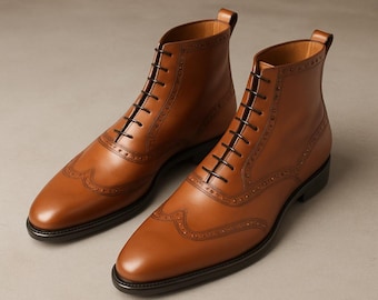 Handmade Tan Leather Brogue Ankle Boots for Men – Formal & Dress Boot Style