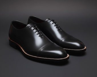 Men’s Black Cap-Toe Leather Oxford Shoes - Formal Laced-Up Dress Shoes