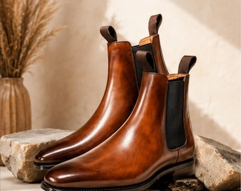 Men’s Handmade Tan Leather Chelsea Boots | Genuine Leather Dress Boots | Slip On Ankle Boots | Classic Men’s Boots | Wedding Boots