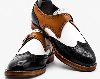 Mens Brown Black White Leather Monk Strap Shoes | Brogue Dress Shoes | Formal Oxford Style Shoes | Wedding Shoes | Vintage Shoes