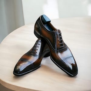 Men&#39;s Brown Patina Leather Cap-Toe Oxford Shoes | Handmade Elegant Formal Brogue Dress Footwear