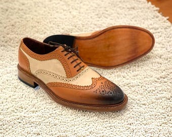Men's Handmade Two-Tone Light Brown and Beige Leather Wingtip Brogues – Stylish and Comfortable
