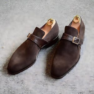 Men’s Handmade Brown Suede Leather Single Monk strap Shoe | Men’s classic shoes image 1