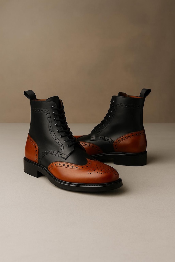 Men's Handmade Tan and Black Leather Brogue Ankle Boots - Classic Two-Tone Dress Boots