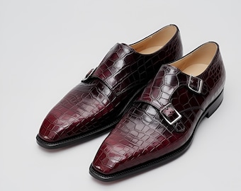 Men’s Handmade Burgundy Double Monk Strap Shoes – Crocodile Pattern Leather with Silver Buckles
